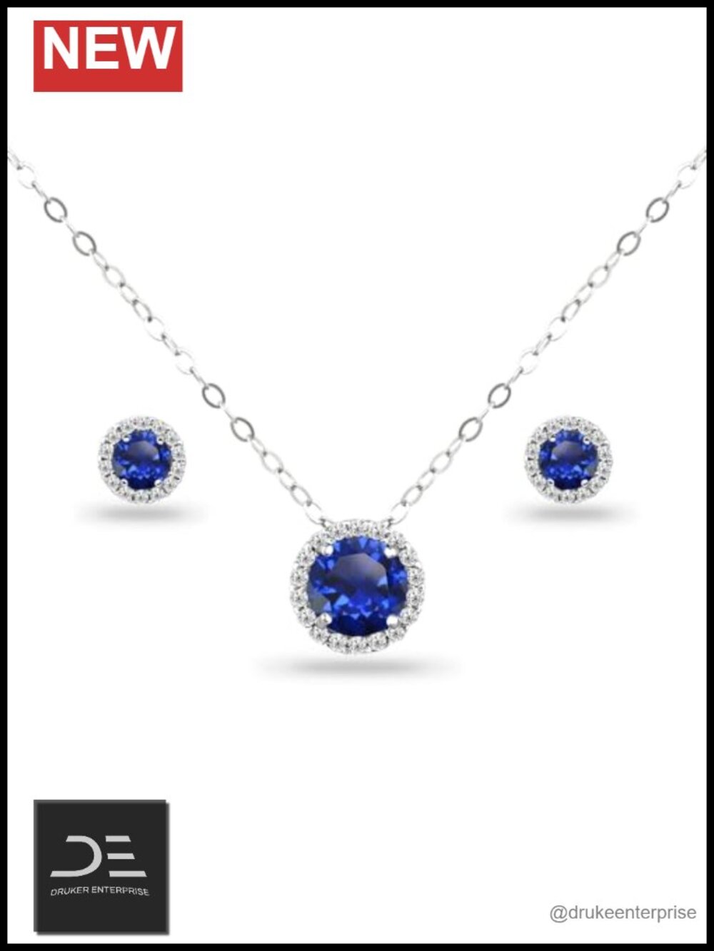 Sterling Silver Jewelry Set with Simulated Sapphire Necklace